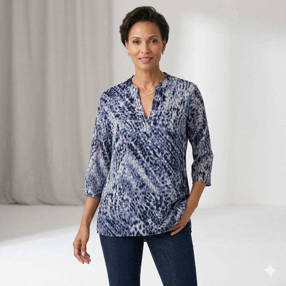 Chicos Blue Animal Print Sheer Sequin V-Neck Tunic Blouse 3/4 Sleeve Size 2XL